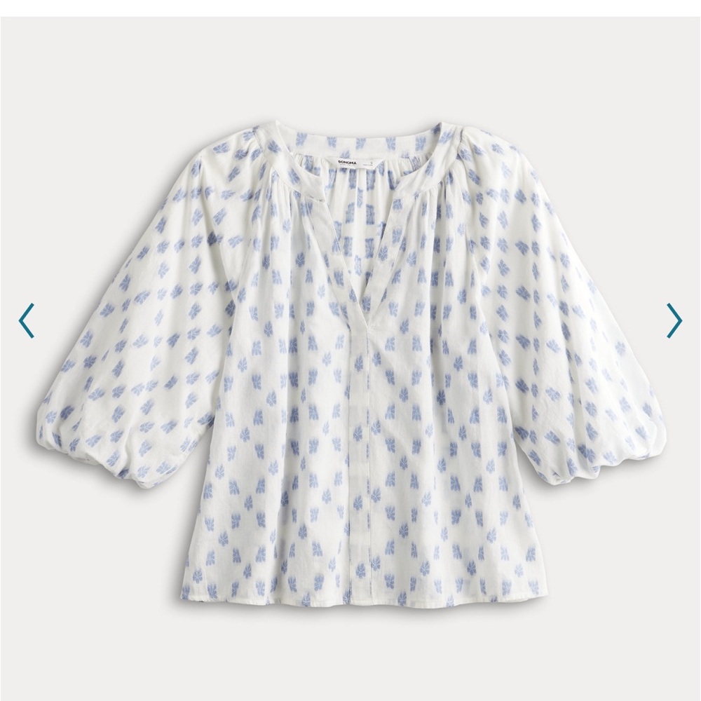 Sonoma white and blue block print puff sleeve blouse